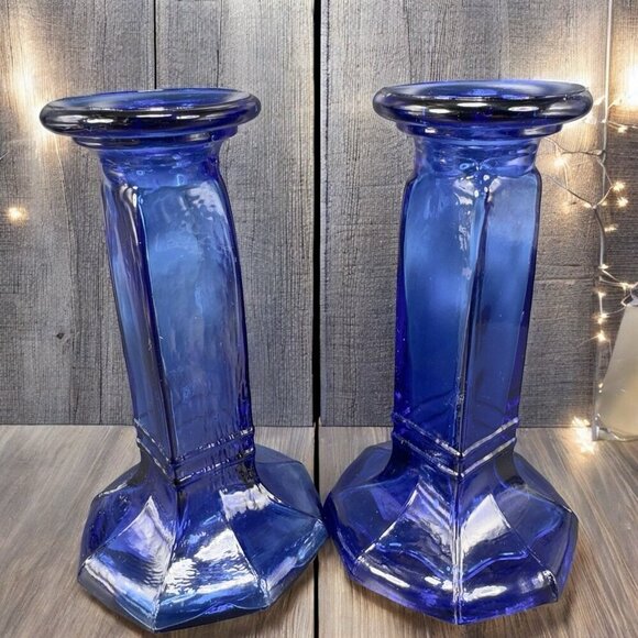 Pier 1 Imports Cobalt Blue Candle Stick Holder Set 2 Recycle Glass Made In Spain - Picture 1 of 11